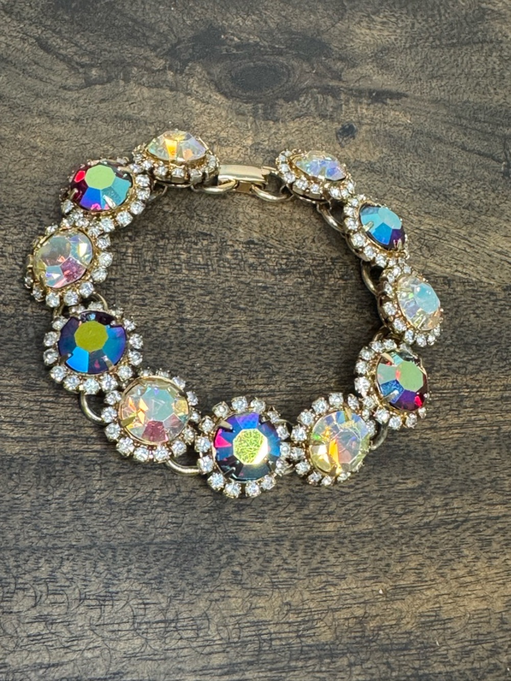 Vintage Aurora Borealis AB Crystal Halo Bracelet - Iridescent